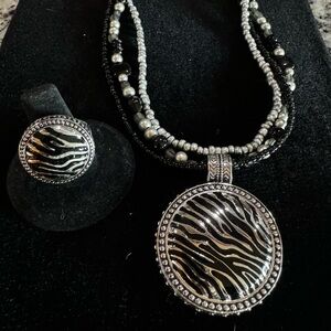 Zebra Print Necklace and Ring Set